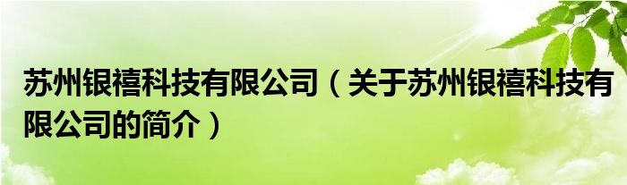 蘇州銀禧科技有限公司（關(guān)于蘇州銀禧科技有限公司的簡(jiǎn)介）