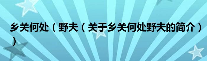 鄉(xiāng)關(guān)何處（野夫（關(guān)于鄉(xiāng)關(guān)何處野夫的簡介））