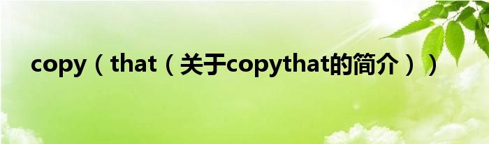 copy（that（關(guān)于copythat的簡介））