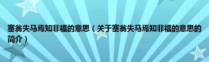 塞翁失馬焉知非福的意思（關于塞翁失馬焉知非福的意思的簡介）