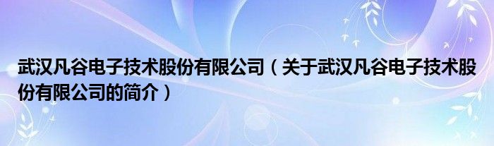 武漢凡谷電子技術(shù)股份有限公司（關(guān)于武漢凡谷電子技術(shù)股份有限公司的簡介）