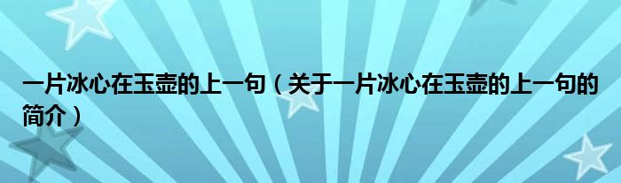 一片冰心在玉壺的上一句（關(guān)于一片冰心在玉壺的上一句的簡介）