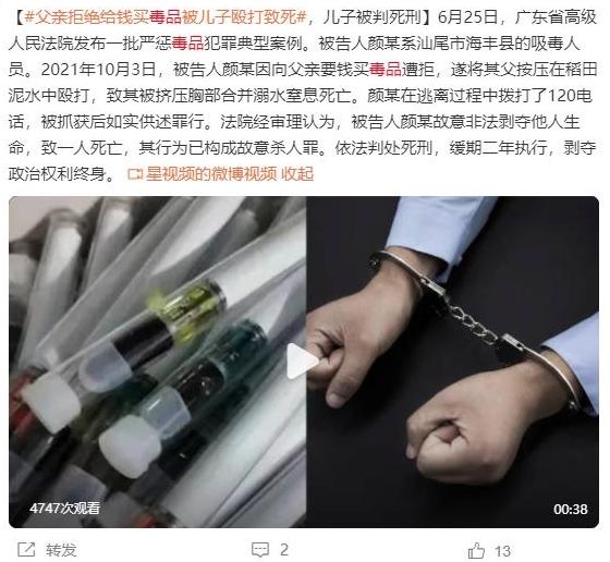 廣東一吸毒者因向父親要錢購(gòu)買毒品遭拒毆打致死，兒子被判死刑